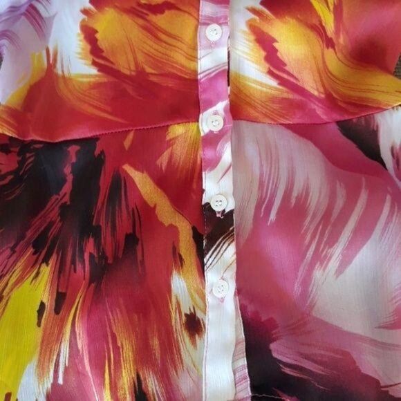 Fiery Tropical Ruffle Pleated Cap Sleeve Deep Scoop Tie Waist Top Sz PL - Picture 7 of 9